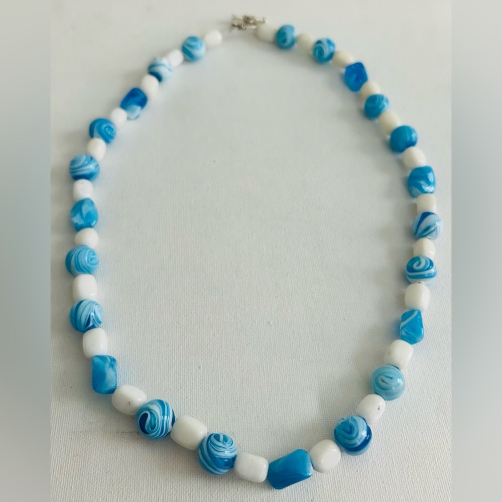 Artisan Made Blue & White Glass Beaded Necklace